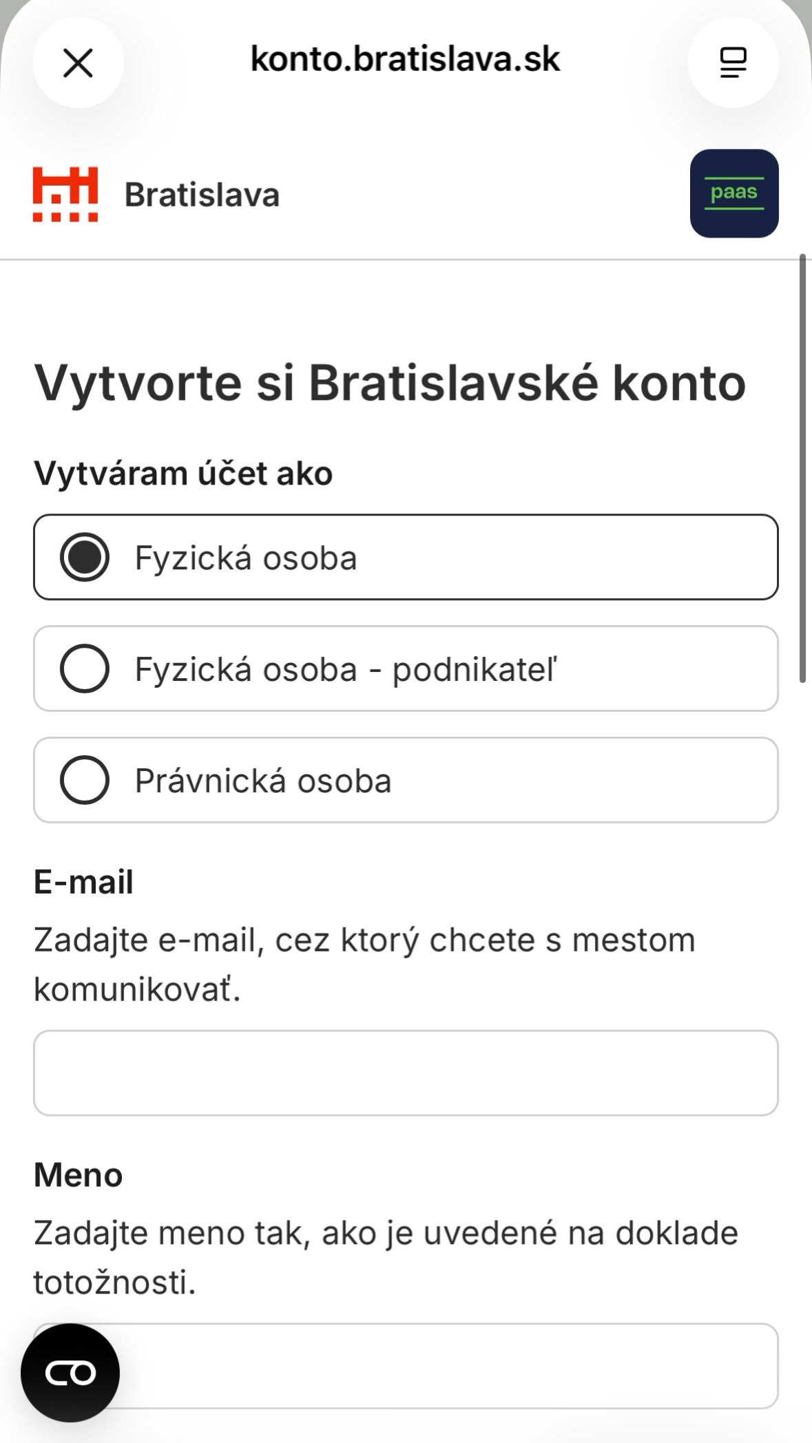 3. Vytvorenie konta